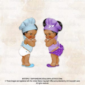 Little Chef BabyQ - Tablier bleu et violet avec chapeau vichy de <br> Profitez-en ! Peau Foncée Garçon Fille | Sexe révélateur des jumeaux | Clipart à téléchargement immédiat