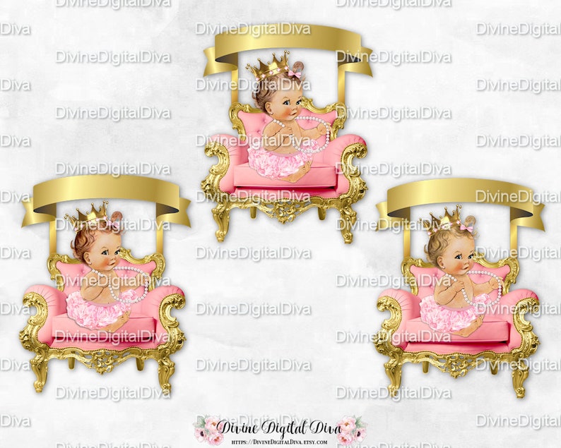 Clipart Instant Download Vintage Baby Girl Light Skin Tones Ballerina Pink Gold Chair Banner Tutu Crown Pearl Necklace