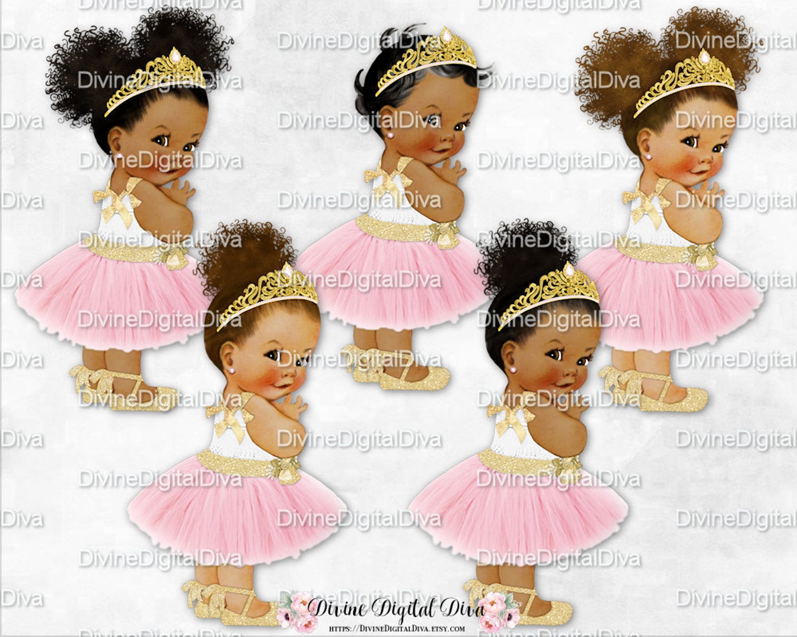 blush pink tulle party dress gold tiara ankle ribbon ballet shoe | vintage baby girl afro puffs | clipart instant download