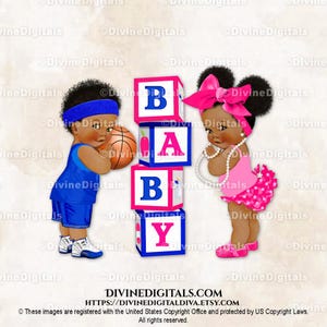 Basketbal Big Bow Baby Blocks Koningsblauw Felroze Hoofdband Sneakers Babyjongen Meisje Donkere Tone Rookwolken | Gender Reveal-tweeling | Direct downloaden