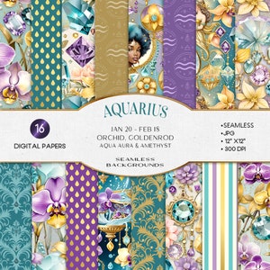 Wassermann Sternzeichen Nahtloser Hintergrund Digitales Papier-Set Astrologie Geburt Monat Blumen Orchidee Goldrute Edelsteine Aqua Aura Quarz Amethyst CU