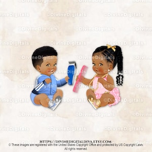 Stylist Barber Blue Clippers Pink Gold Comb Sneakers | Sitting Baby Boy Girl Medium Tone Braids | Clipart Instant Download