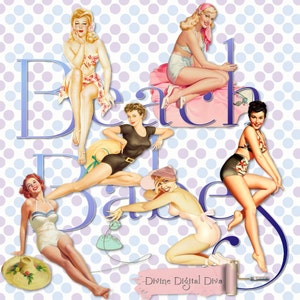 May include: Five women in vintage swimwear poses on a background of purple and blue polka dots. The text "Beach Babes" is written in a large, stylized font. The text "Divine Digital Diva" is written in a smaller font at the bottom of the image.