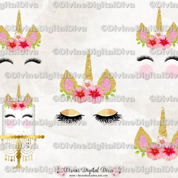 Unicorn Horn Face Eyelashes Flowers Cake Pink & Gold | Clipart Images Instant Download