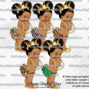 Stampe di animali della giungla, leopardo, tigre, giraffa, zebra, foglie, perle, corona / Neonata, toni scuri, sbuffi, afroamericani / Clipart da scaricare immediatamente