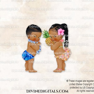 Luau tropical hawaiano Aloha con lei azul rey y rosa, piña / Trenzas oscuras para bebé niño y niña / Revelación de género / Clipart de descarga instantánea