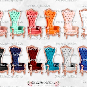 High Back Chair Royal Throne Velvet Rose Gold Trim  Royal Blue Navy Burgundy Coral Peach Teal Black White | Clipart Digital Instant Download