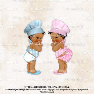 Delantal con gorro de cuadros vichy rosa y azul de Little Chef BabyQ para barbacoa, tono de piel oscuro para niño y niña, revelación de género de gemelos, descarga instantánea de imágenes prediseñadas