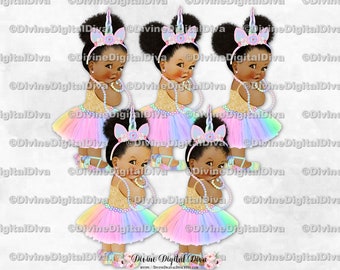 Unicorn Princess Pastel Rainbow Colors Tutu Ballet Shoe Unicorn Horn | Baby Girl African American Puffs | Clipart Instant Download