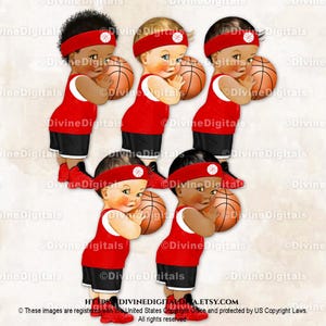 Little Prince Basketbalspeler Rood Zwart Witte Jersey Shorts Sneakers Bal | Babyjongen 3 huidskleuren | Clipart direct downloaden
