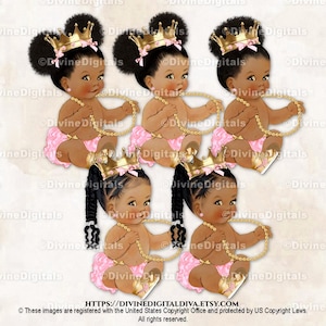 Princess Ruffle Pants Pink Gold Crown Pearls Sneakers | Sitting Baby Girl Babies of Color African American Ethnic | Clipart Instant Download