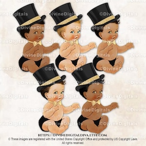 Piccolo uomo con cappello a cilindro nero e oro e papillon glitterato / Bambino seduto in 3 tonalità di pelle / Clipart download immediato
