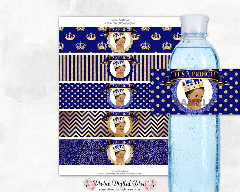 Water Bottle Labels Royal Blue & Gold Prince Ornate Crown Etsy