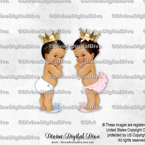 Pantalones con volantes de principito y princesa, corona rosa, azul y dorada, tono de piel medio, bebé niño niña, revelación de género de gemelos, descarga instantánea de imágenes prediseñadas