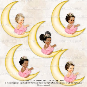 Princess Ballerina Sitting on Crescent Moon Pink Tutu Pearls Gold Tiara | Baby Girl 3 Skin Tones | Clipart Instant Download