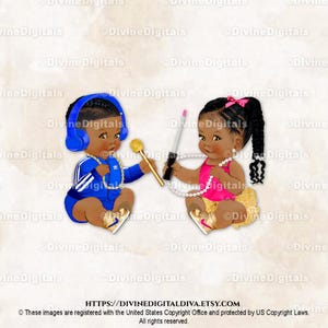 Hip Hop DJ Headset Royal Blue Gold Chain Hot Pink Beauty Beats | Baby Boy Girl Dark Tone Braids | Gender Reveal | Clipart Instant Download