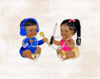 Hip Hop DJ Headset Royal Blue Gold Chain Hot Pink Beauty Beats | Baby Boy Girl Dark Tone Braids | Gender Reveal | Clipart Instant Download
