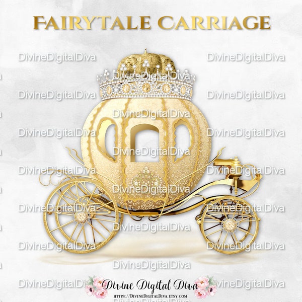 Gold Princess Fairytale Carriage Diamond Crown Coach | Clipart Instant Download