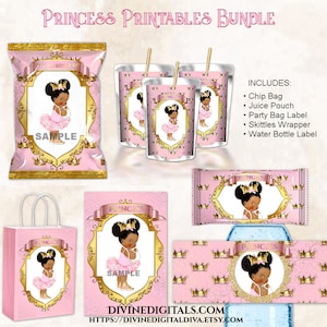 Prinzessin Printable Bundle Chip Tüte Kegelspiel Wasser Capri Sonne Party Bag Label Rosa Gold | Baby Mädchen dunklen Ton Puffs | Sofort Download