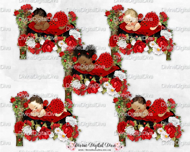 Woodland Bed with Ladybugs Red White Flowers Roses Baby Girl 3 Skin Tones Sleeping Baby Designer Set Clipart Instant Download
