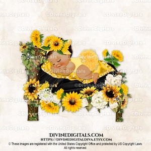 Sleeping Baby on Woodland Bed with Sunflowers Yellow Green Brown | Baby Girl Medium Tone Brunette | Clipart Instant Download
