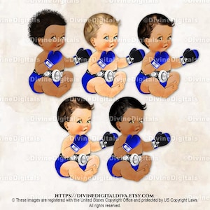 Boxer Bleu royal et argent Championship Belt Gants de boxe Champion | Bébé Garçon Assis 3 Couleurs De Peau | Clipart à téléchargement immédiat