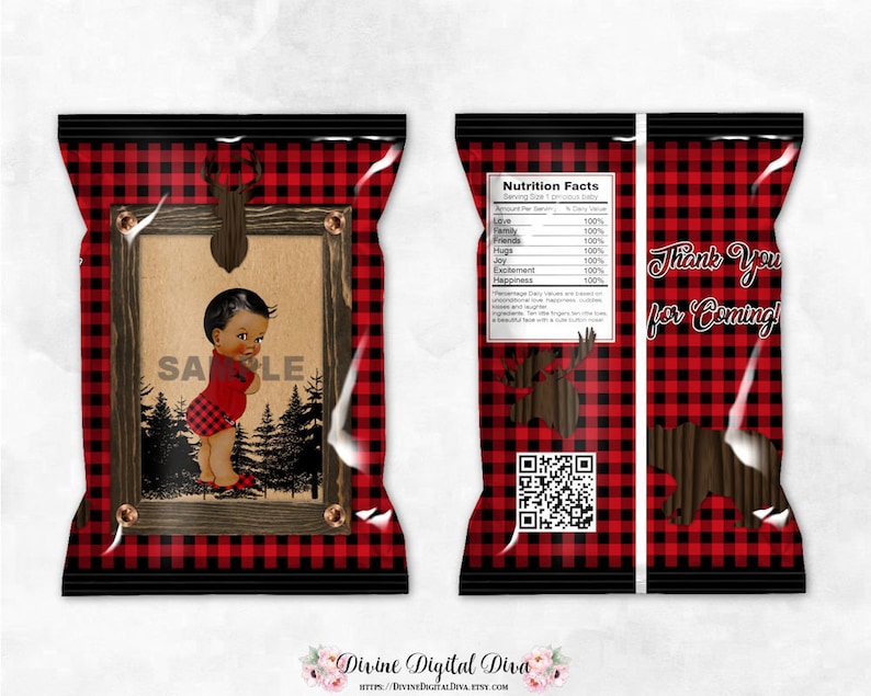 Buffalo Plaid Printable Chip Bags Red Black Wood Deer Moose Bear Digital Instant Download African American Baby Boy