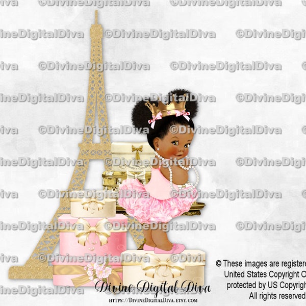 Eiffel Tower Pink Tutu Gold Crown Pearls Paris France Gift Boxes  | Baby Girl Dark Tone African American Puffs | Clipart Instant Download