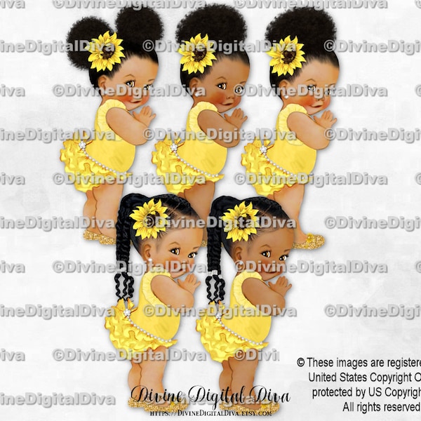 Sunflower Yellow Ruffle Pants Gold Shoes Diamond Accent | Baby Girl Babies of Color African American | Clipart Instant Download