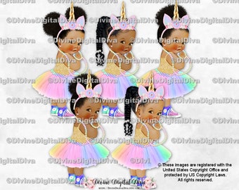 Unicorn Princess Pastel Rainbow Tutu Sneakers Unicorn Gold Shirt | Baby Girl Babies of Color African American | Clipart Instant Download