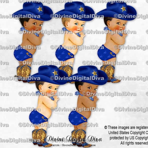 Little Cowboy Royal Blue Bandana Diaper Hat Boots Scarf Star | Baby Boy 3 Skin Tones | Clipart Instant Download