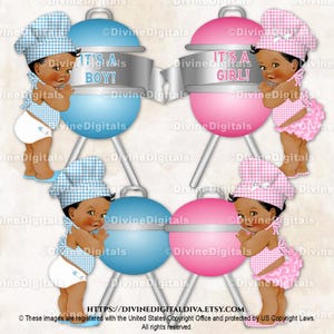 Little Chefs Pink Blue White Gingham Check Hat Apron BBQ BabyQ Gender Reveal Grill | Baby Boy Girl Dark Tone | Clipart Instant Download
