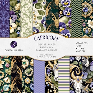 Capricórnio Cabra Zodíaco Sem Costura Fundo Digital Conjunto de Papel Astrologia Mês de Nascimento Flor Amor-perfeito Hera Gemas Tanzanita Granada Marinho Roxo CU
