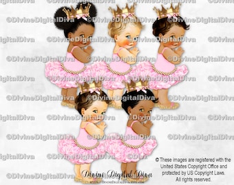 Princess Ballerina Pink Tutu Gold Shoes & Crown Diamond Gem Belt | Baby Girl 3 Skin Tones | Clipart Instant Download