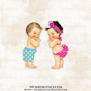 Pantalones cortos de playa para bebés, bikini, piñas azules y amarillas, lunares rosa intenso, bebé niño niña, tono claro / Revelación de género / Clipart, descarga instantánea