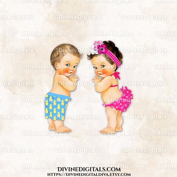 Beach Babies Board Shorts Bikini Blue Yellow Pineapples Hot Pink Dot Baby Boy Girl Light Tone Gender Reveal Clipart Instant Download