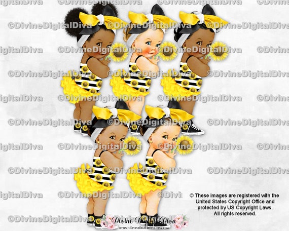Clipart Instant Download Sunflower Yellow Black White Ruffle Pants Big Head Bow Sneakers Baby Girl  3 Skin Tones Puffs