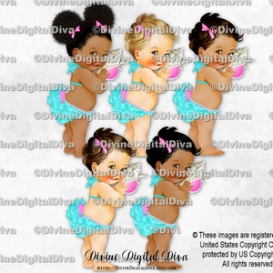 Traje de baño bikini turquesa con pantalones con volantes y lazos rosa intenso, concha marina, descalza, niña, 3 tonos de piel, clipart, descarga instantánea