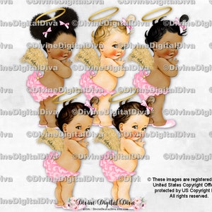 Angel Pink Ruffle Pants Gold Glitter Wings & Halo | Baby Girl 3 Skin Tones | Clipart Instant Download
