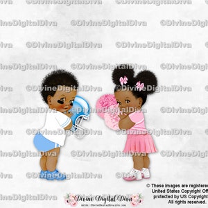 Joueur de football et pom-pom girl Rose Bleu clair | Bouffées bouclées bébé garçon fille ton sur ton | Sexe révélateur des jumeaux | Clipart à téléchargement immédiat