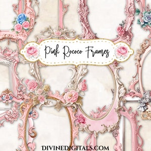 Puede incluir: Un conjunto de marcos de estilo rococó rosa y dorado con detalles florales. Los marcos son ornamentados y detallados, con un delicado diseño floral. El texto "Pink Rococo Frames" está escrito en una pancarta en el centro de la imagen.