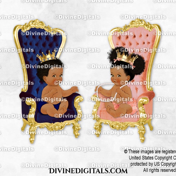 Chaise Trône Bleu Marine Or Rose | Assis bébé garçon fille bouffées | Afro-américain | Le genre révèle des jumeaux | Téléchargement instantané des cliparts