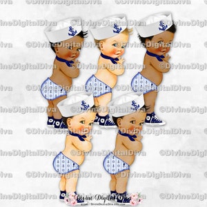 Little Prince Sailor Navy Blue Hat Scarf Sneakers Nautical | Baby Boy 3 Skin Tones | Clipart  Instant Download