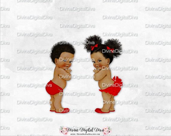 Baby Boy Girl Red Diaper Ruffle Pants African American Curly Hair Puffs Gender Reveal Clipart Instant Download