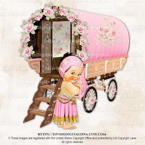 Falda con rosas doradas y rosas de Gypsy & Wagon, bufanda, monedas, niña en tonos claros, clipart, descarga instantánea