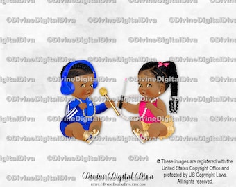 Hip Hop DJ Headset Royal Blue Gold Chain Hot Pink Beauty Beats | Baby Boy Girl Dark Tone Braids | Gender Reveal | Clipart Instant Download