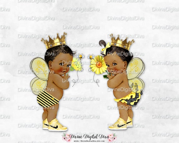 Bumble Bee Little Prince African American Set Clipart Instant Download Gold Crown Bee Outfit w Wings and wout