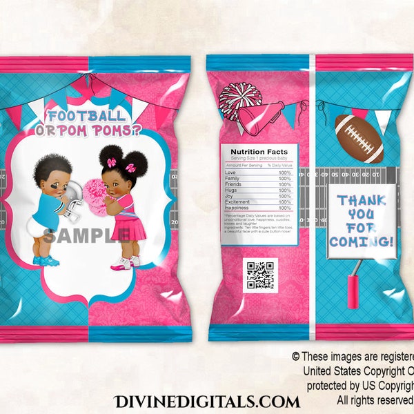 Chip Bag Football or Pom Poms? Hot Pink Turquoise Cheerleader | Baby Boy Girl Dark Tone | Gender Reveal | Digital Instant Download