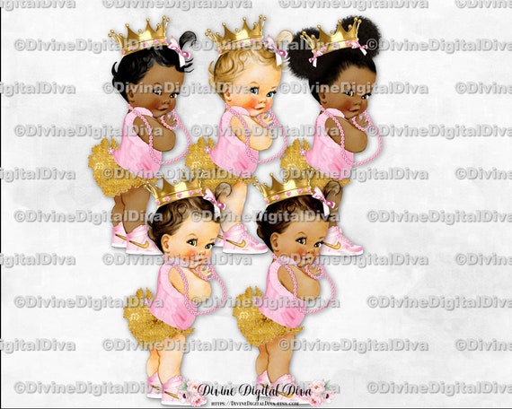 Clipart Instant Download Princess Ruffle Pants Pink Pants Gold Crown Baby Girl 3 Skin Tones