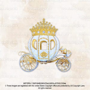 Blue Prince Cinderella Carriage Coach Light Blue Gold Diamond Crown Tiara | Clipart Instant Download